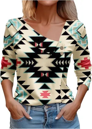 Gold Shirts for Women 3/4 Sleeve Womens Tshirts Cotton Loose Fit Fashion Print V Neck Lapel Woman Shirts Trendy