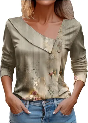 Gold Shirts for Women 3/4 Sleeve Womens Tshirts Cotton Loose Fit Fashion Print V Neck Lapel Woman Shirts Trendy