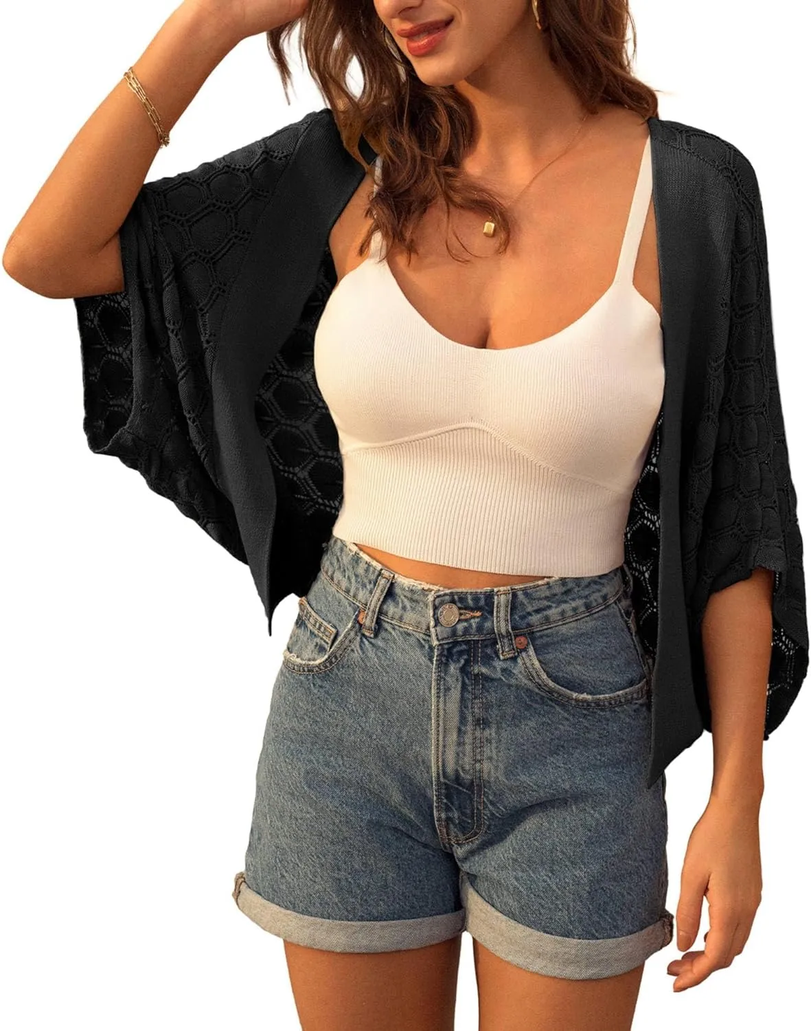 GRACE KARIN Womens Crochet Summer Cardigan Shrug 2025 Lightweight Open Front Hollow-out Batwing Cardigan Sweater Outwear