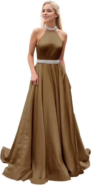 Halter Beaded Prom Dresses 2024 Satin Ball Gown Sparkly Long Pleated Formal Evening Party Gowns