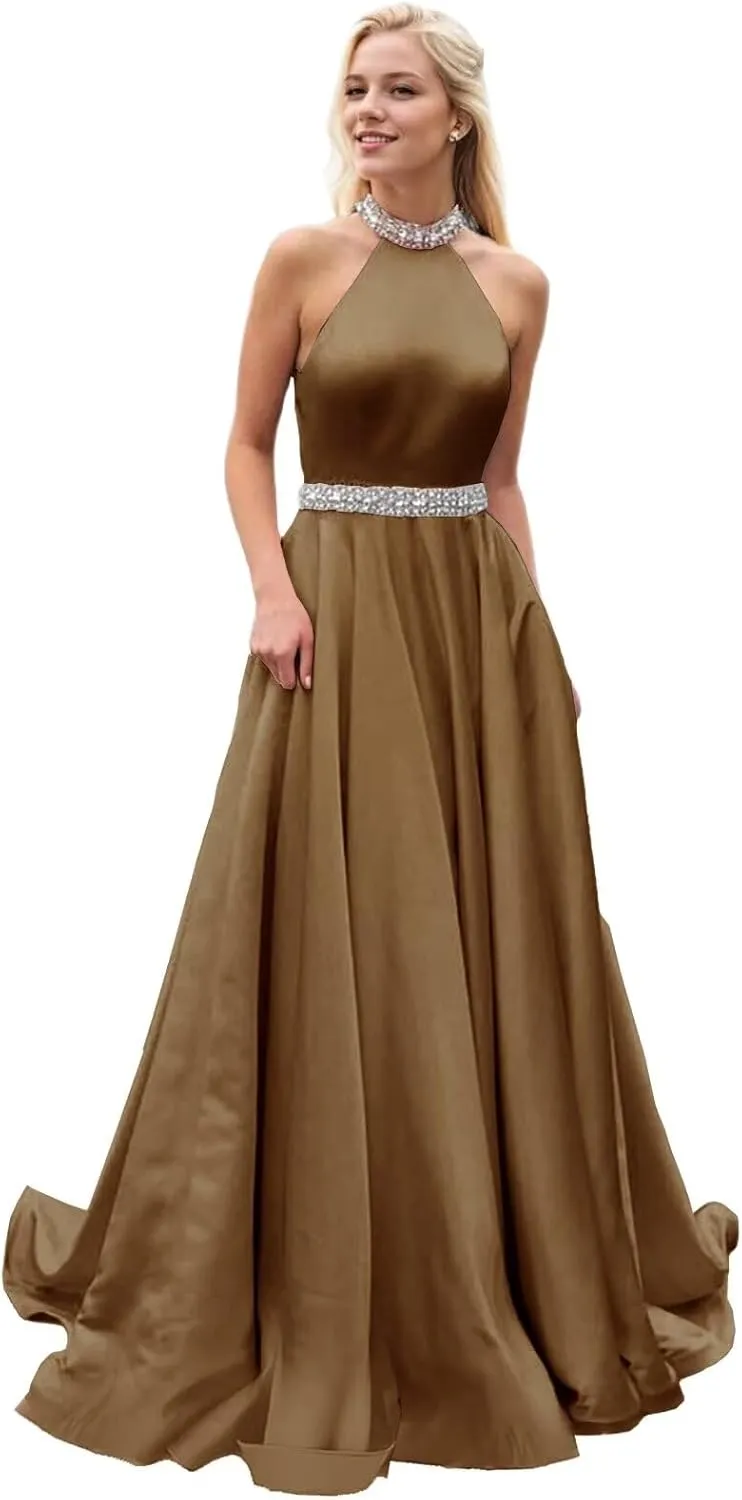 Halter Beaded Prom Dresses 2024 Satin Ball Gown Sparkly Long Pleated Formal Evening Party Gowns
