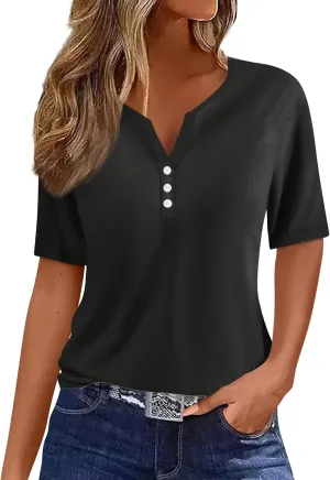 Henley Shirts for Women Buttons Sexy Shirts Short Sleeve Dressy Blouses 2024 Geometric Print Tops
