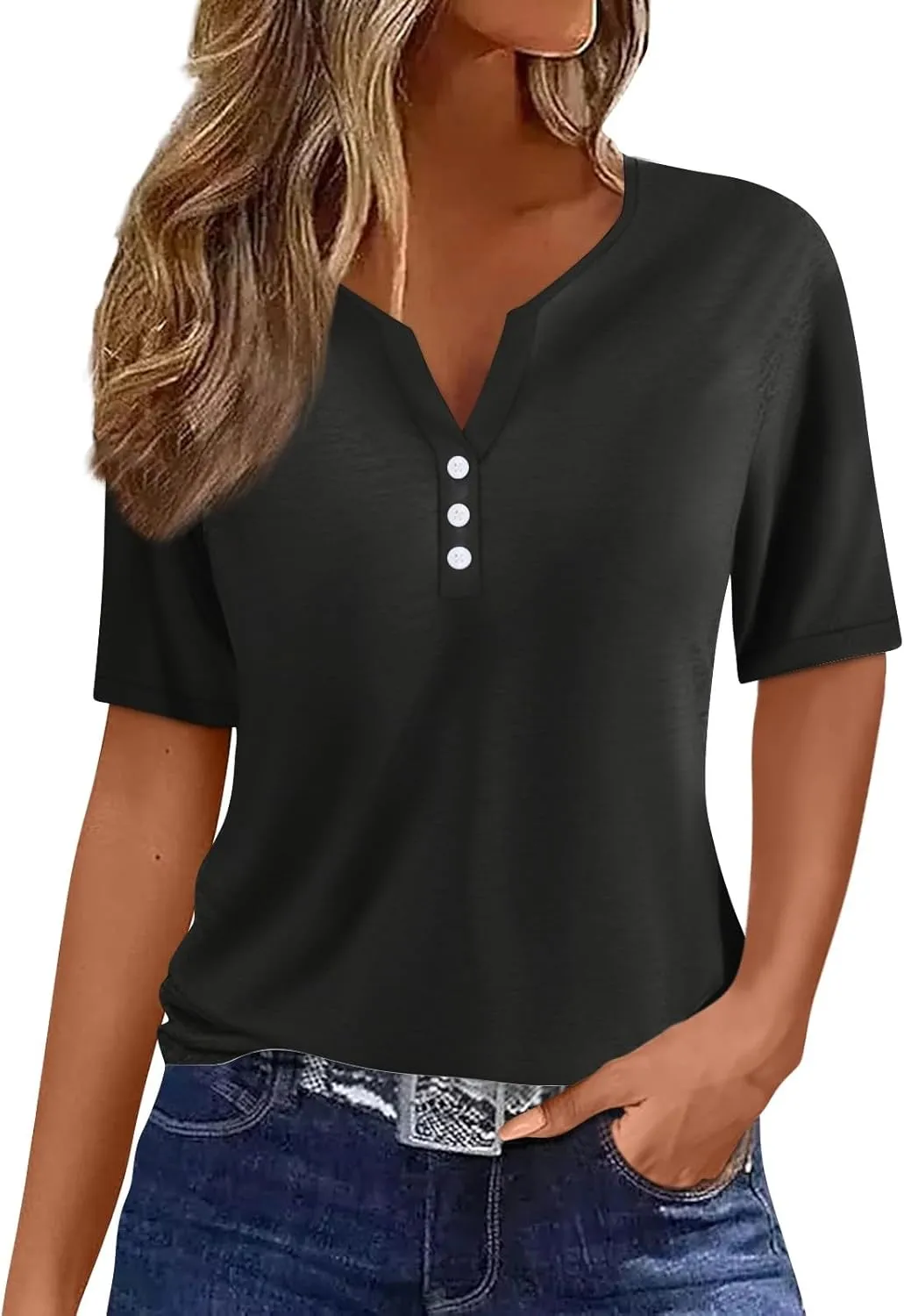 Henley Shirts for Women Buttons Sexy Shirts Short Sleeve Dressy Blouses 2024 Geometric Print Tops