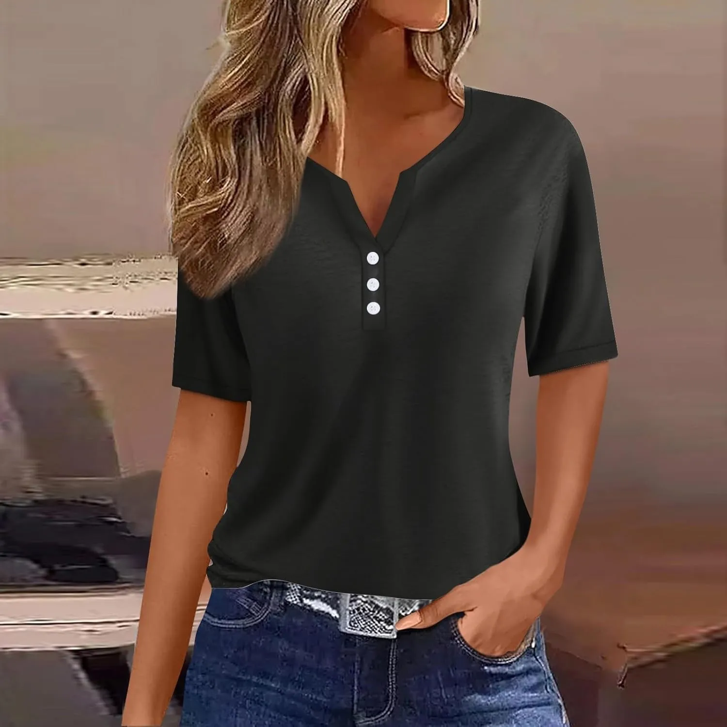 Henley Shirts for Women Buttons Sexy Shirts Short Sleeve Dressy Blouses 2024 Geometric Print Tops
