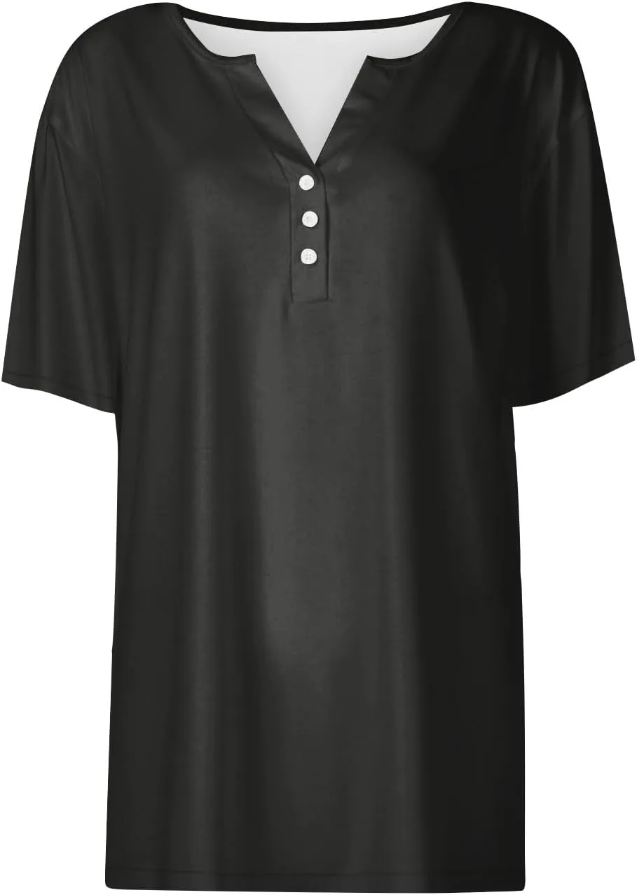 Henley Shirts for Women Buttons Sexy Shirts Short Sleeve Dressy Blouses 2024 Geometric Print Tops