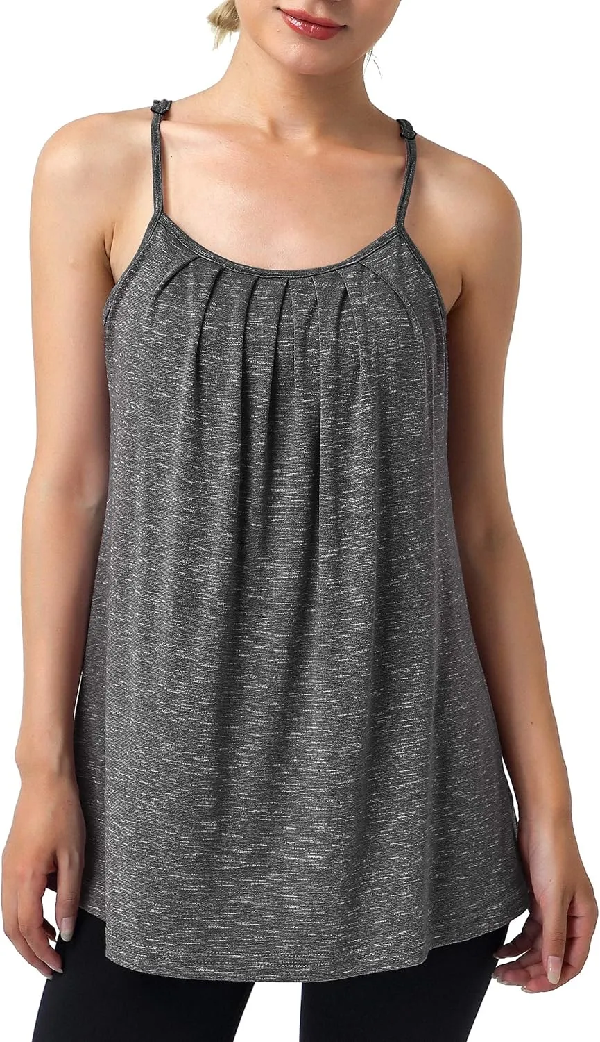 Hibelle Womens Built in Bra Camisole with Adjustable Spaghetti Straps,Pleated Front Flowy Summer Casual Tank Tops