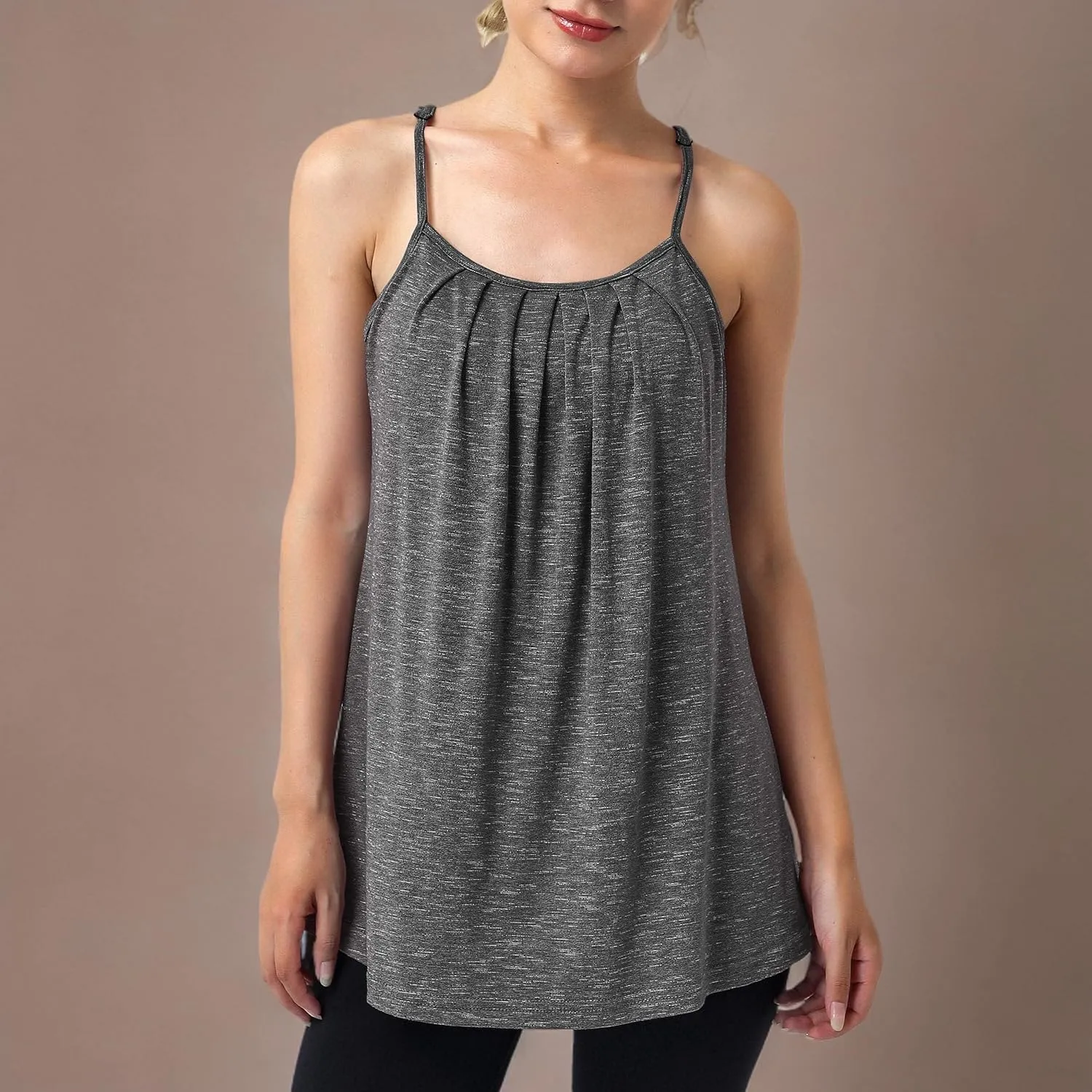Hibelle Womens Built in Bra Camisole with Adjustable Spaghetti Straps,Pleated Front Flowy Summer Casual Tank Tops