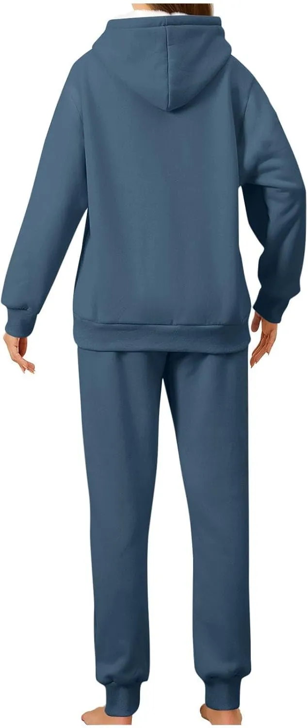 hlysgo Two Piece Sets for Women Winter Warm Lounge Set Fleece Lined Long Sleeve Hooded Pullover Drawstring Pants Sweatsuit