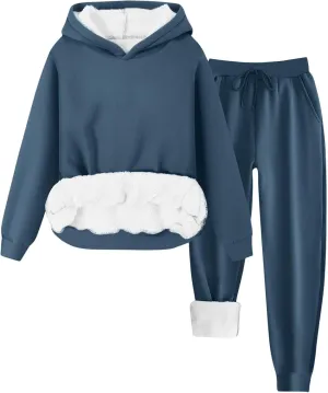 hlysgo Two Piece Sets for Women Winter Warm Lounge Set Fleece Lined Long Sleeve Hooded Pullover Drawstring Pants Sweatsuit