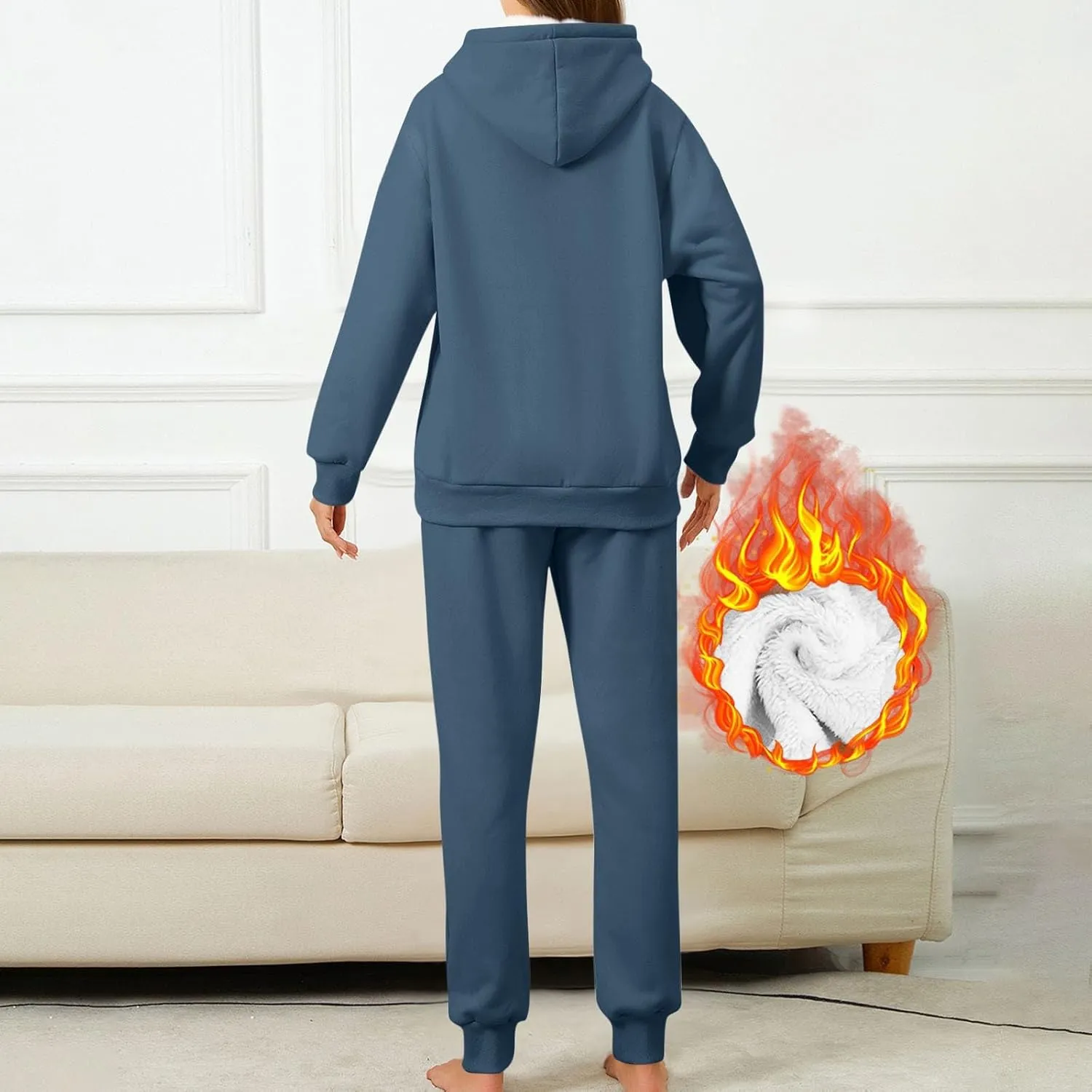 hlysgo Two Piece Sets for Women Winter Warm Lounge Set Fleece Lined Long Sleeve Hooded Pullover Drawstring Pants Sweatsuit