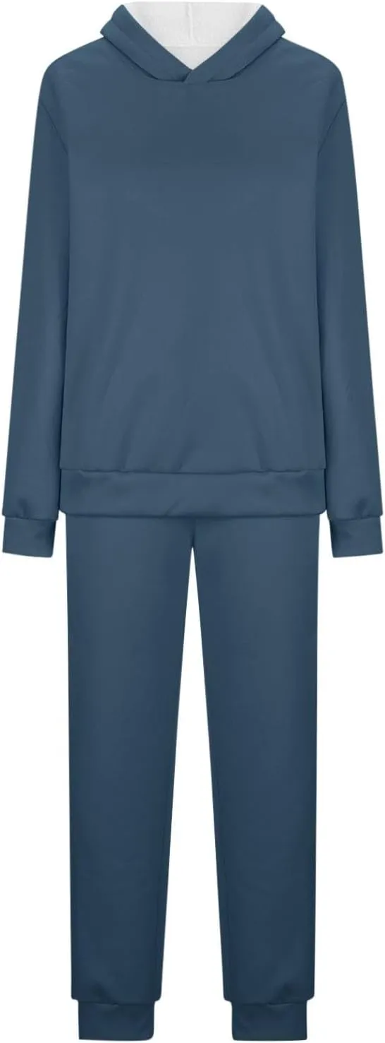 hlysgo Two Piece Sets for Women Winter Warm Lounge Set Fleece Lined Long Sleeve Hooded Pullover Drawstring Pants Sweatsuit