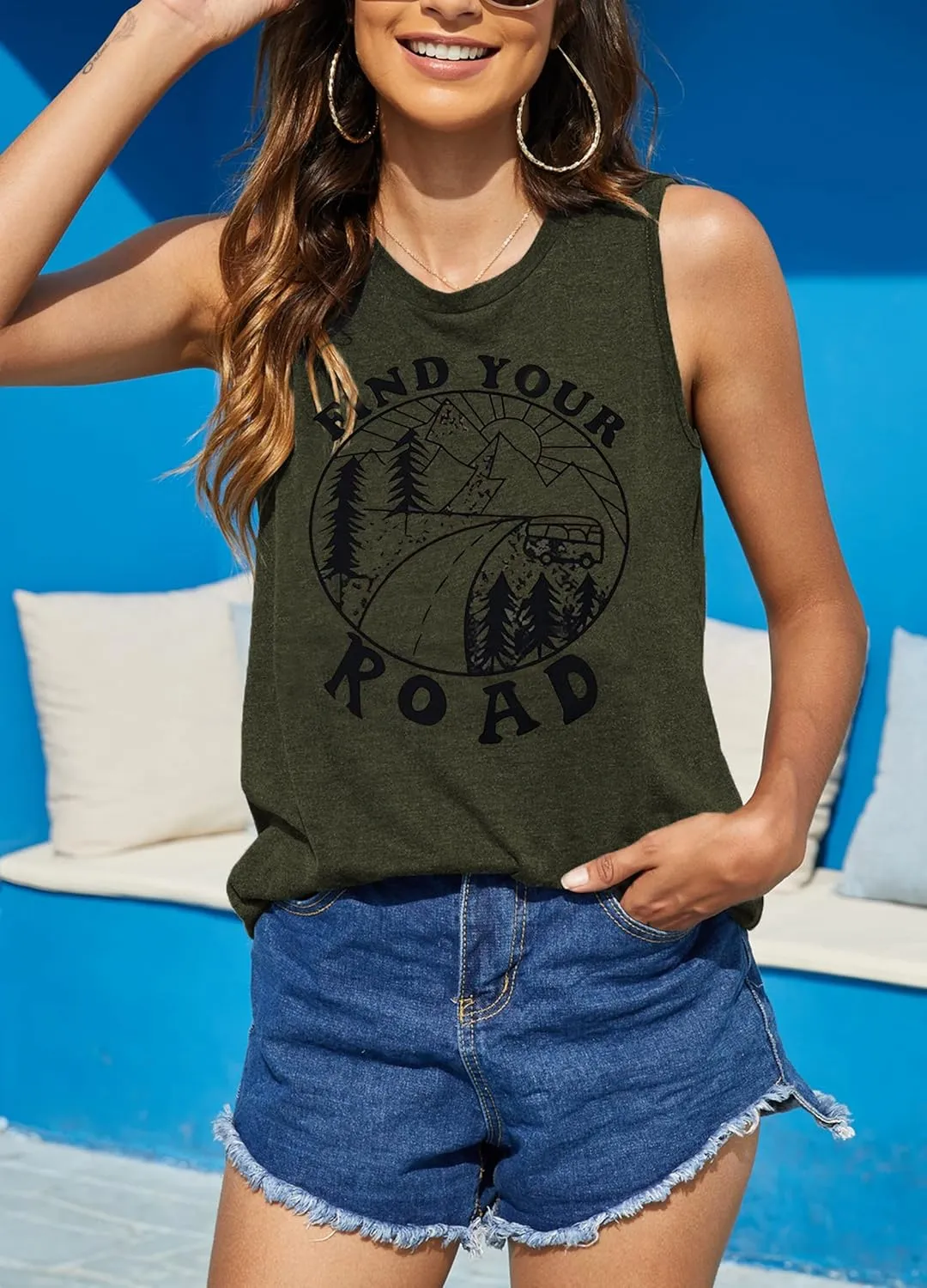 Hount Womens Casual Loose Graphic Comfy Tank Tops Summer Basic T-Shirts Sleeveless Shirts Tunic Tops