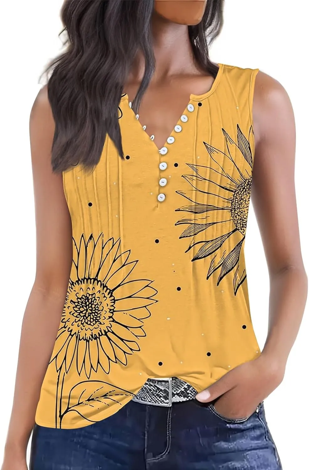 HTHLVMD Tank Tops for Women 2025 Summer Pleated Tunic Loose Fit Sleeveless T Shirts Dressy Casual V Neck Button Down Blouses