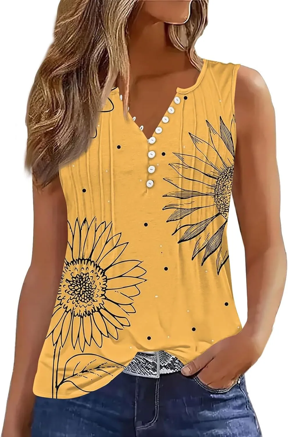 HTHLVMD Tank Tops for Women 2025 Summer Pleated Tunic Loose Fit Sleeveless T Shirts Dressy Casual V Neck Button Down Blouses