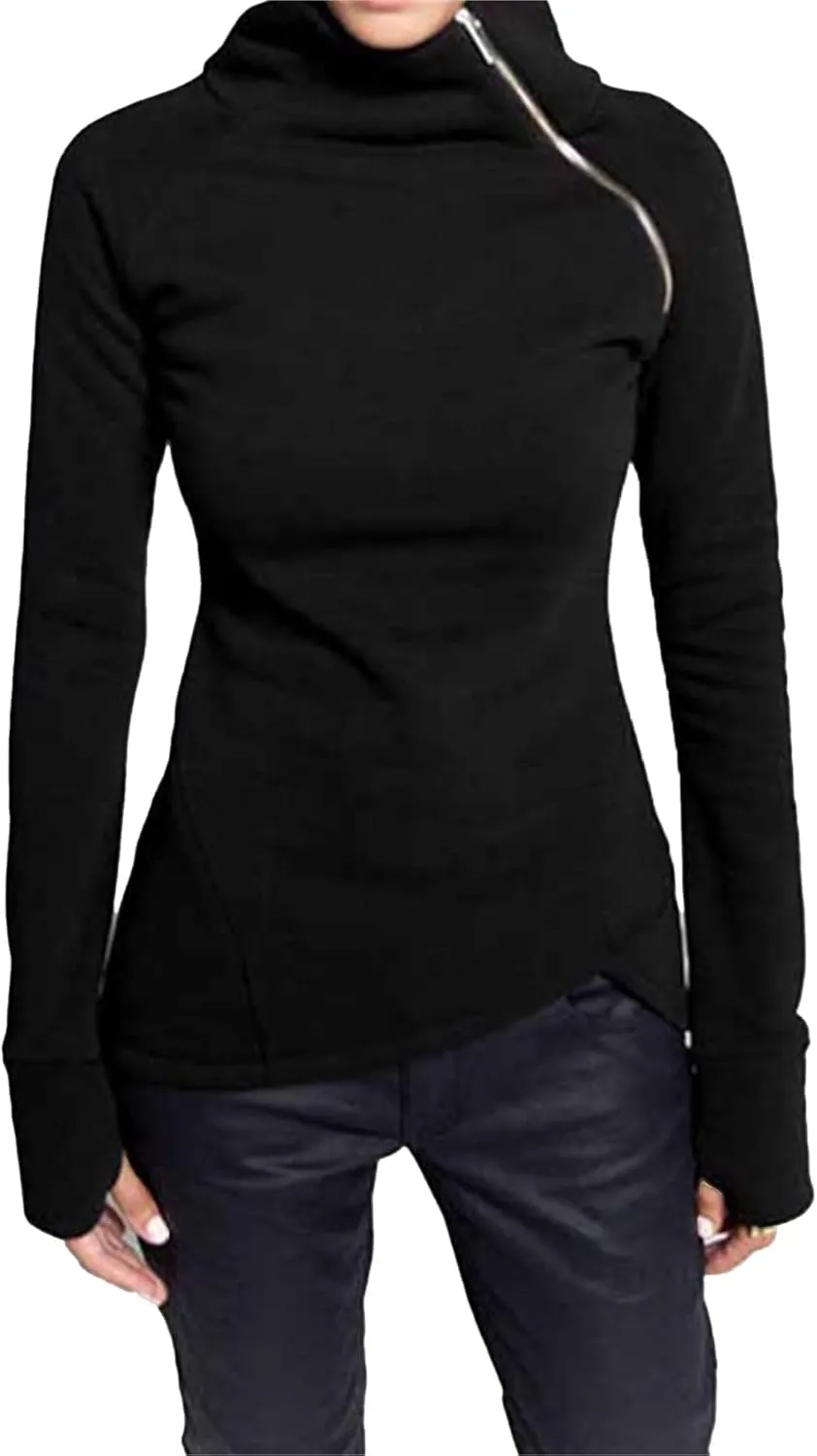 JEsilunmaMY Slim Fit Turtleneck Sweatshirt for Women Zip Irregular Hem Pullover with Thumb Hole Casual Mock Neck Sweater Tops