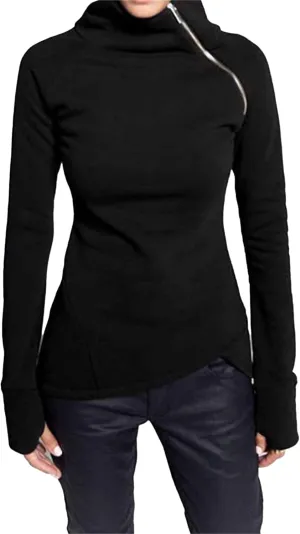 JEsilunmaMY Slim Fit Turtleneck Sweatshirt for Women Zip Irregular Hem Pullover with Thumb Hole Casual Mock Neck Sweater Tops