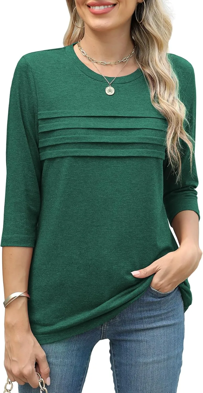 JomeDesign 3/4 Length Sleeve Womens Tops Round Neck Casual Tunic Tops Pleated Shirts Dressy
