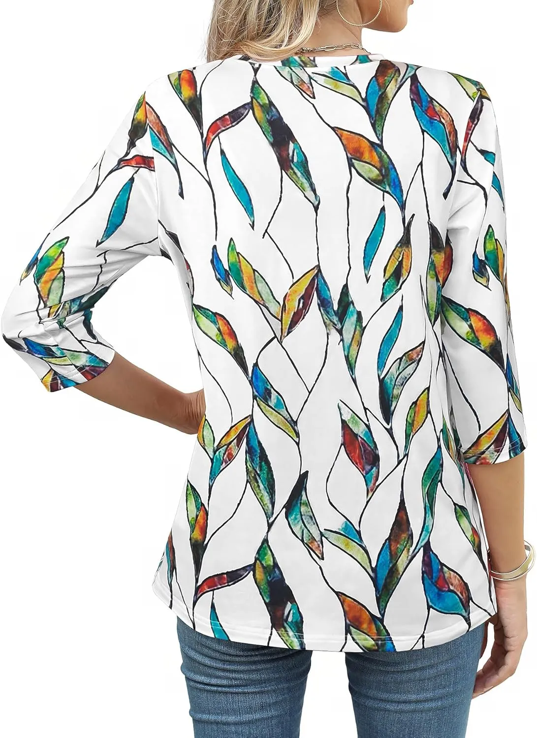 JomeDesign 3/4 Length Sleeve Womens Tops Round Neck Casual Tunic Tops Pleated Shirts Dressy