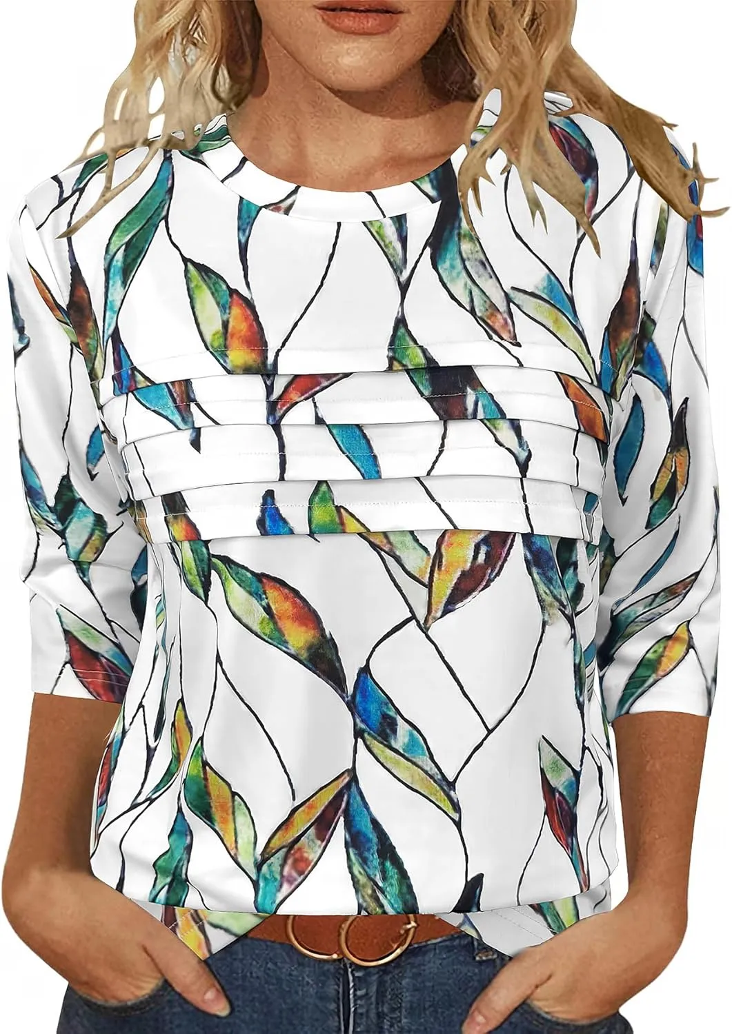 JomeDesign 3/4 Length Sleeve Womens Tops Round Neck Casual Tunic Tops Pleated Shirts Dressy