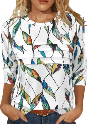 JomeDesign 3/4 Length Sleeve Womens Tops Round Neck Casual Tunic Tops Pleated Shirts Dressy