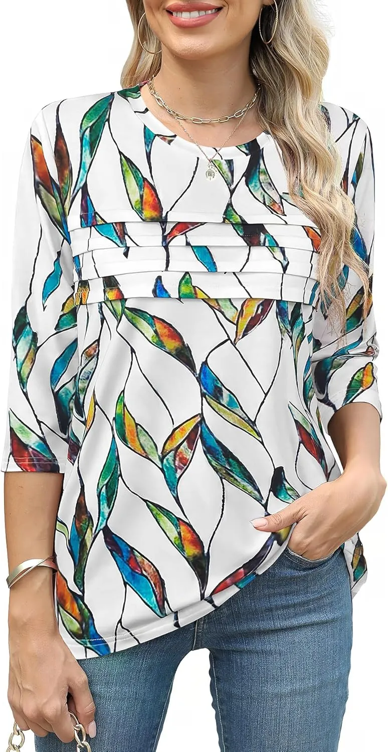 JomeDesign 3/4 Length Sleeve Womens Tops Round Neck Casual Tunic Tops Pleated Shirts Dressy