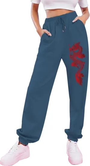 KEEVICI Women's Dragon Print Sweatpants High Waisted Joggers Yoga Workout Sports Gray Elastic Waist Pants with Pockets