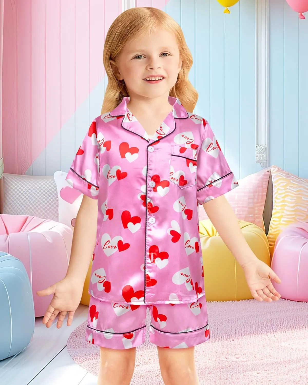 Kids Girls Pajama Set Silky PJS Button-Down Sleepwear Nightwear Loungewear Clothes Set Gifts