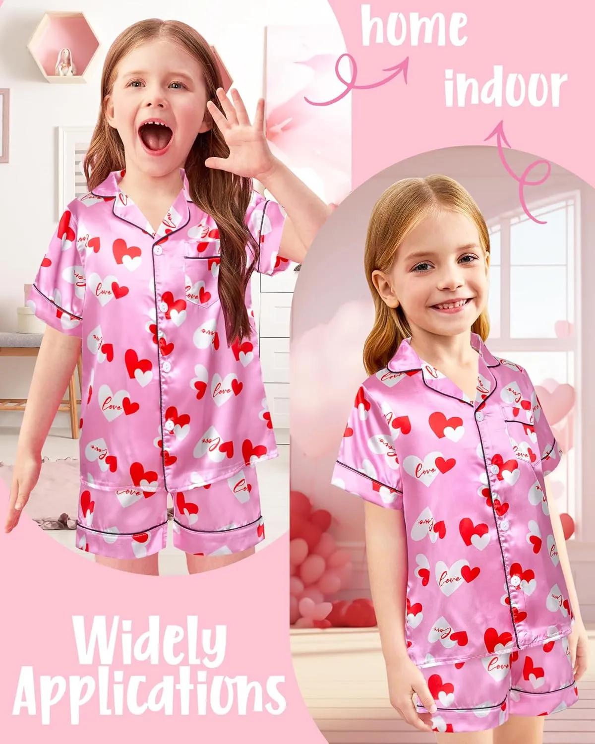 Kids Girls Pajama Set Silky PJS Button-Down Sleepwear Nightwear Loungewear Clothes Set Gifts