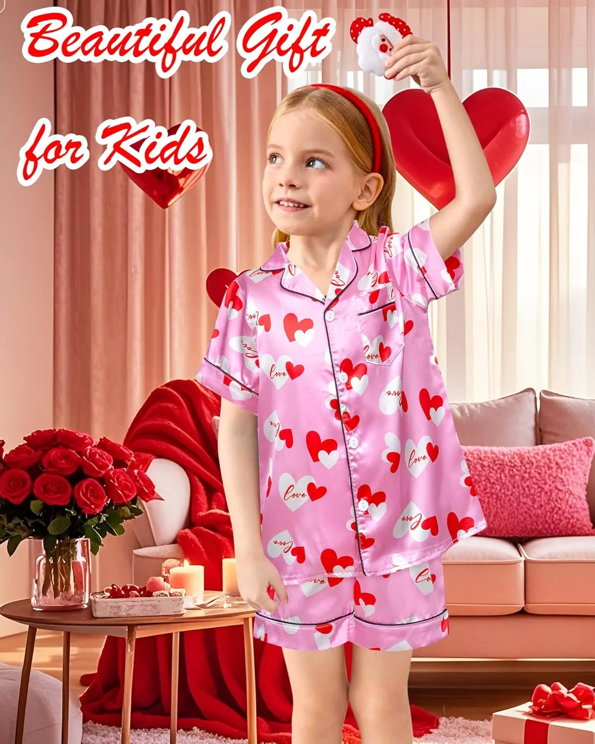 Kids Girls Pajama Set Silky PJS Button-Down Sleepwear Nightwear Loungewear Clothes Set Gifts