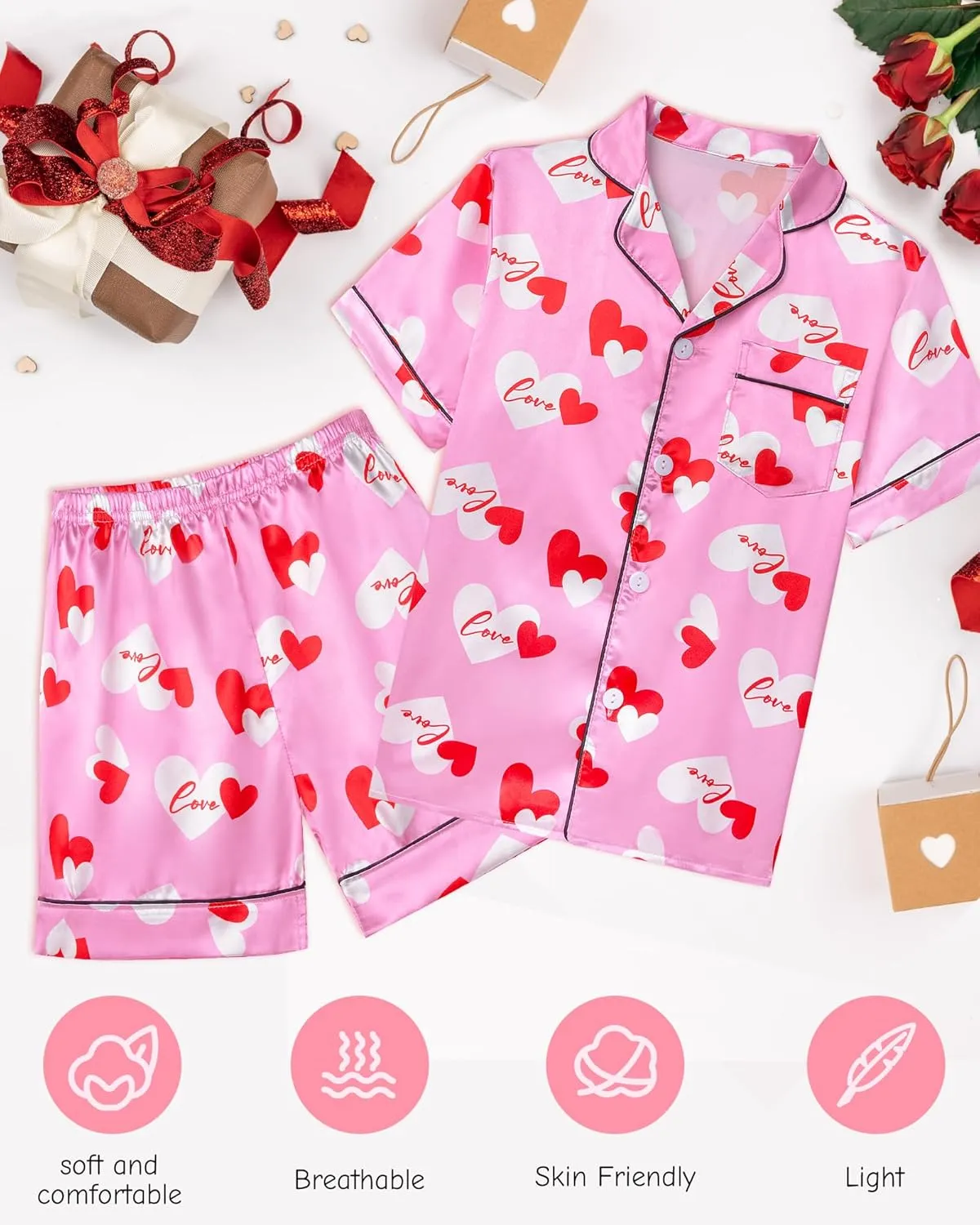 Kids Girls Pajama Set Silky PJS Button-Down Sleepwear Nightwear Loungewear Clothes Set Gifts