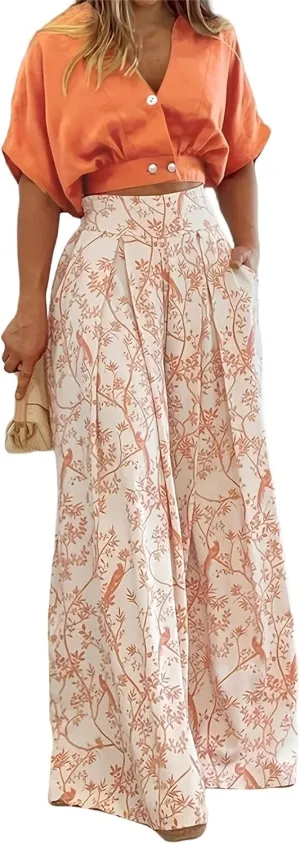 Kubbon Floral 2 Piece Outfit for Women Batwing Sleeve V Neck Crop Tops and Wide Leg Boho Pants Sets Vacation Outfits