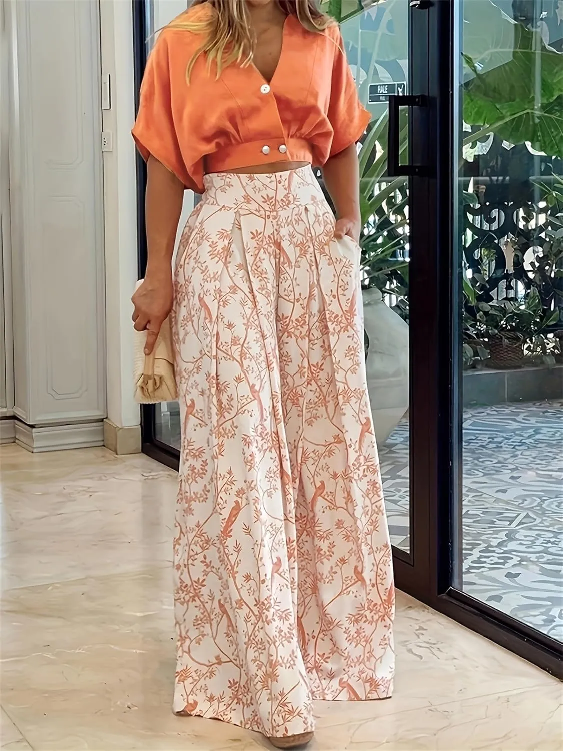 Kubbon Floral 2 Piece Outfit for Women Batwing Sleeve V Neck Crop Tops and Wide Leg Boho Pants Sets Vacation Outfits