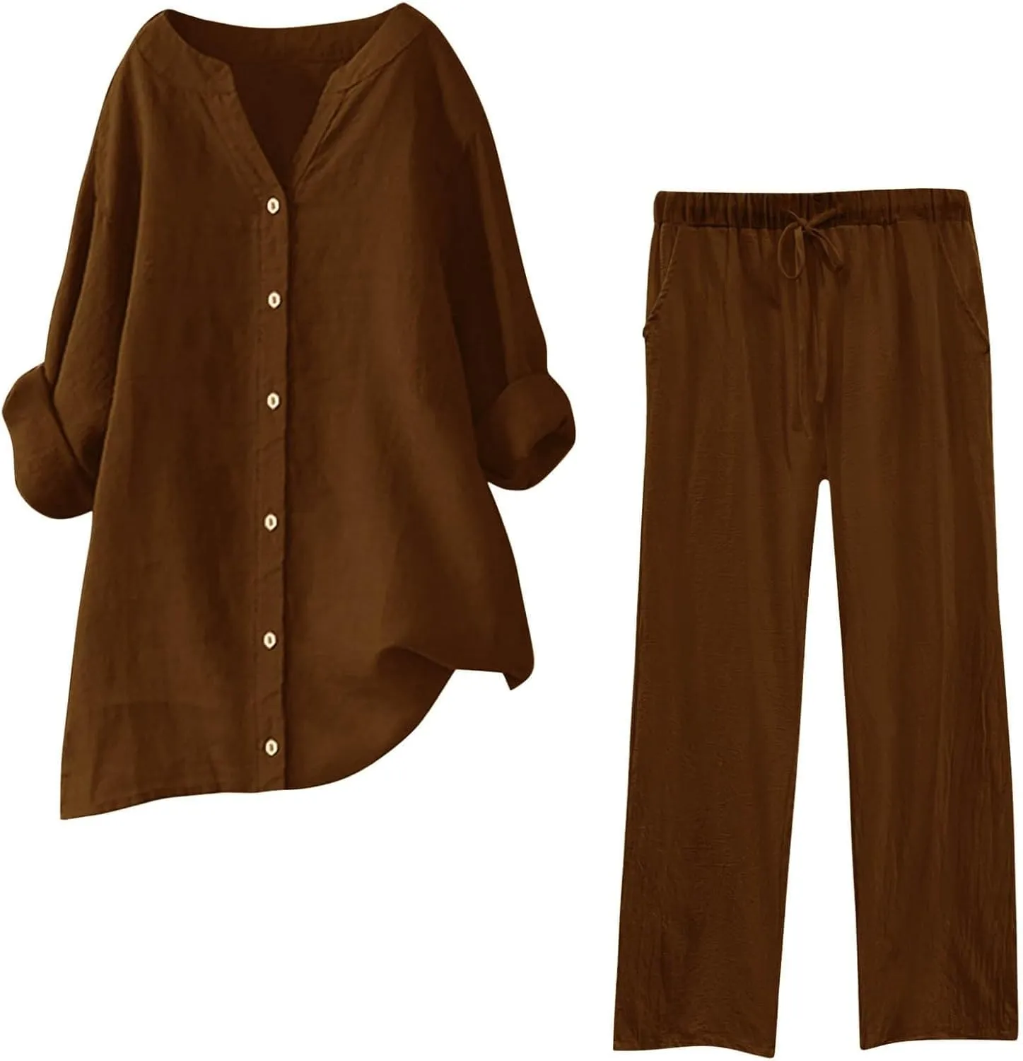 Linen 2 Piece Sets for Women Summer Outfits Button Down Shirts and Wide Leg Tracksuit Plus Size Vacation Outfits