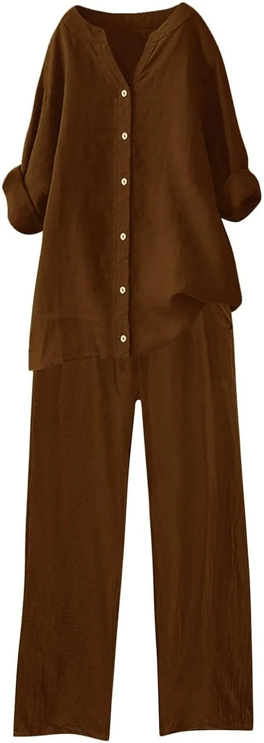 Linen 2 Piece Sets for Women Summer Outfits Button Down Shirts and Wide Leg Tracksuit Plus Size Vacation Outfits