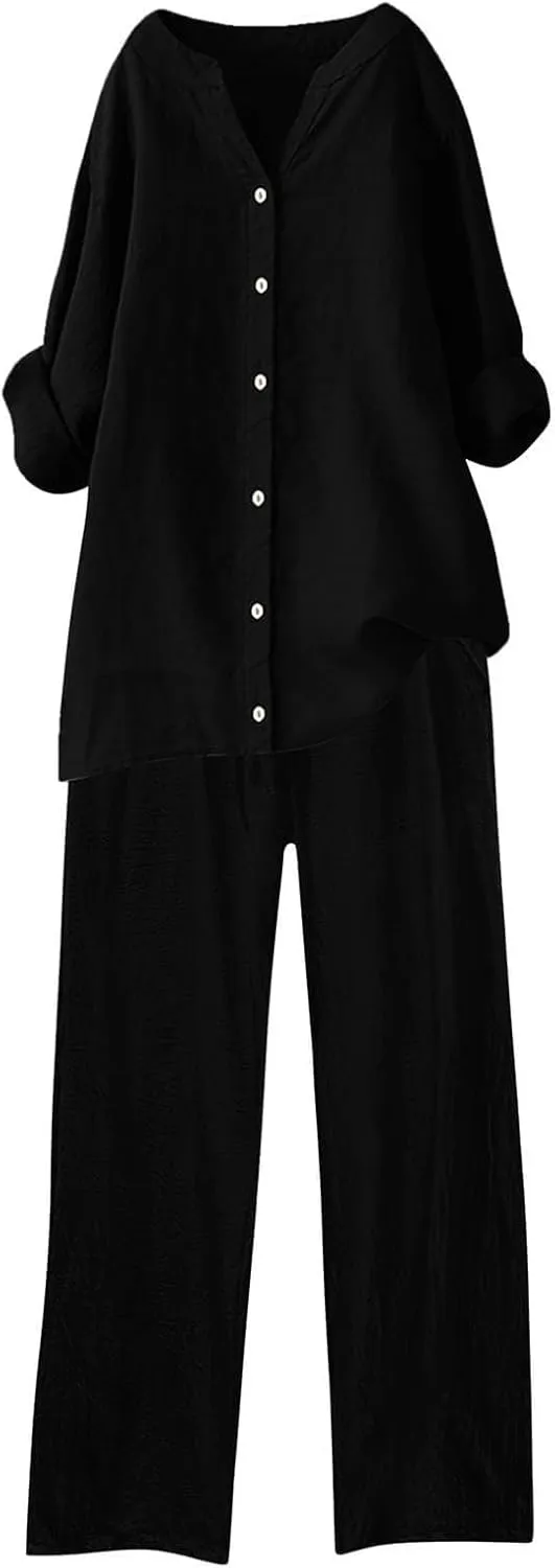 Linen 2 Piece Sets for Women Summer Outfits Button Down Shirts and Wide Leg Tracksuit Plus Size Vacation Outfits