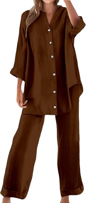 Linen 2 Piece Sets for Women Summer Outfits Button Down Shirts and Wide Leg Tracksuit Plus Size Vacation Outfits