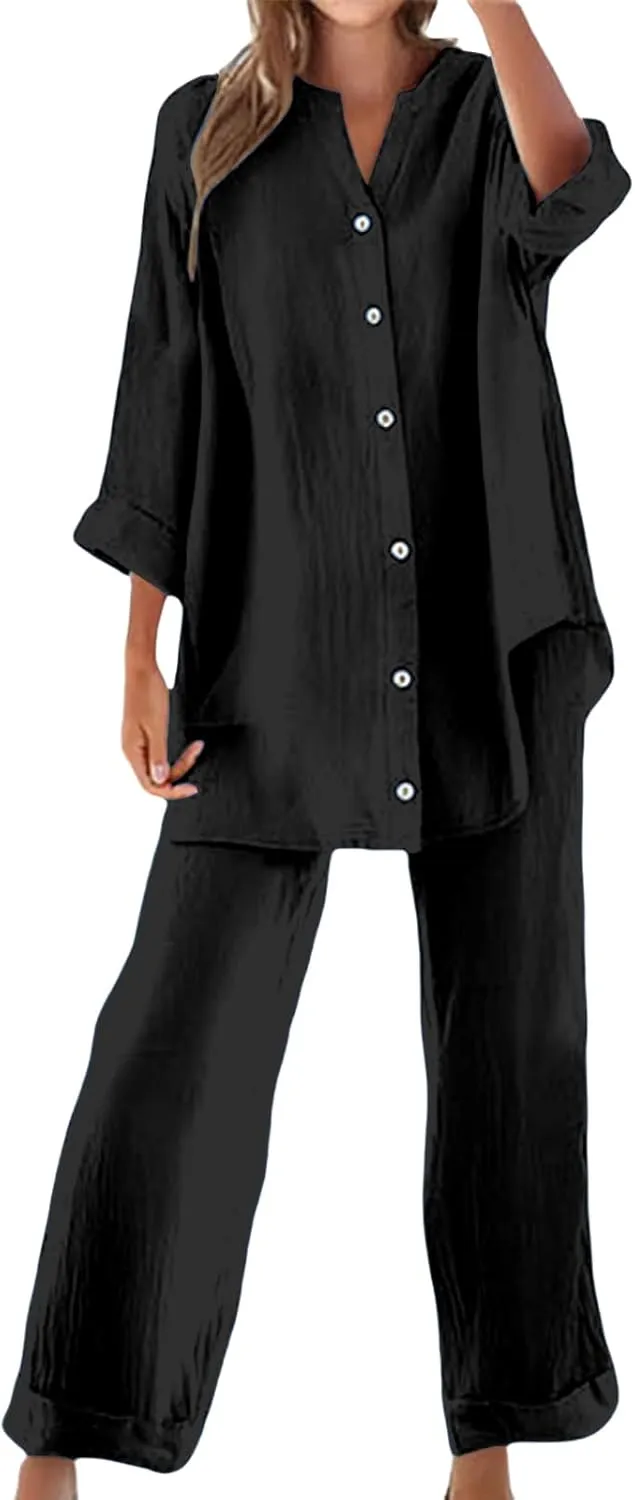 Linen 2 Piece Sets for Women Summer Outfits Button Down Shirts and Wide Leg Tracksuit Plus Size Vacation Outfits