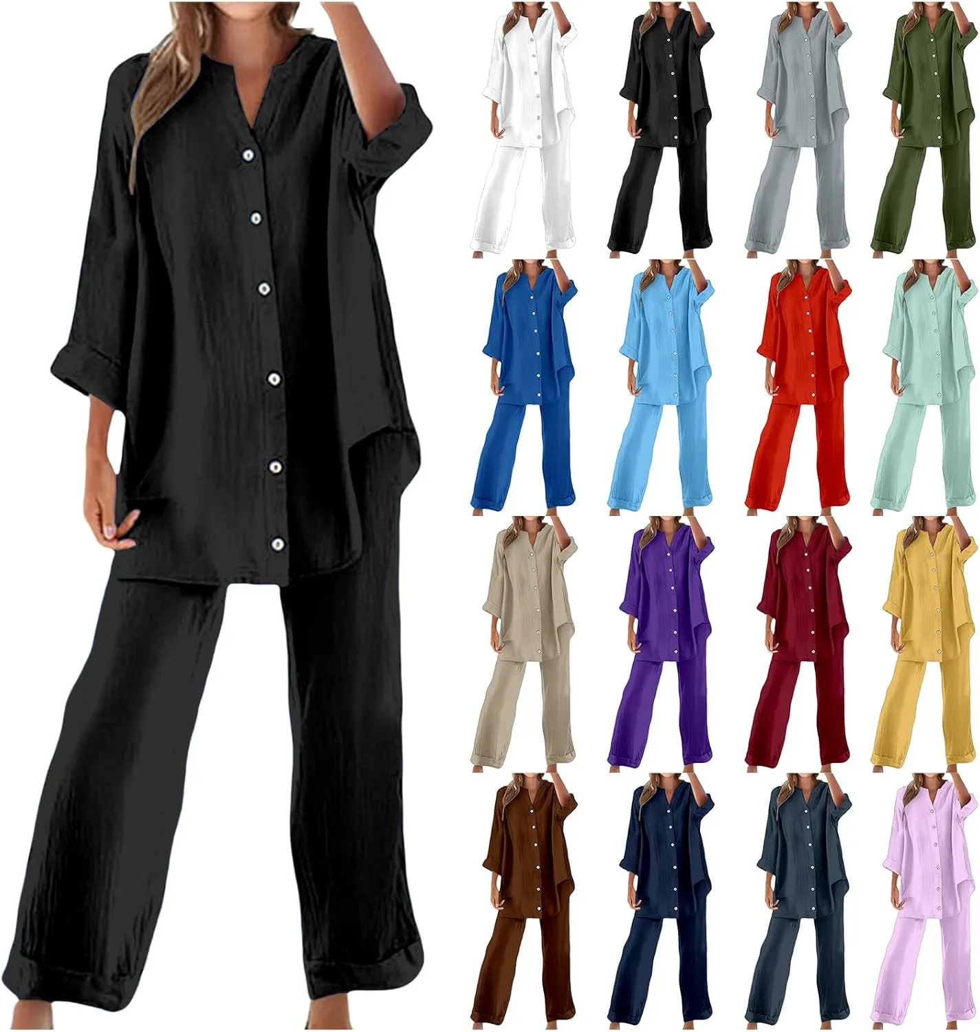Linen 2 Piece Sets for Women Summer Outfits Button Down Shirts and Wide Leg Tracksuit Plus Size Vacation Outfits