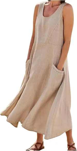 Linen Dress for Women 2023 Dresses for Women 2023 Elegant Linen Dresses Summer Casual Plus Size Beach Cover up Loose Fit Plain Maxi T Shirt Dress
