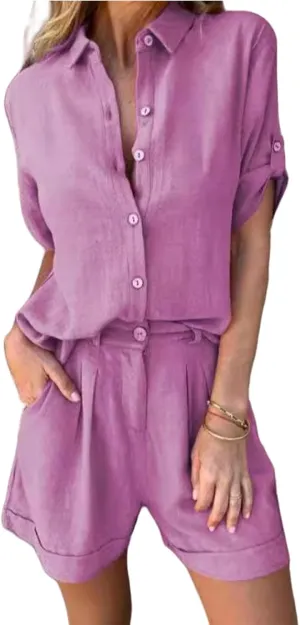 Linen Outfits for Women Summer Lapel Button Down Short Sleeve Shirt Wide Leg Shorts 2 Piece Sets Loose Summer Outfit