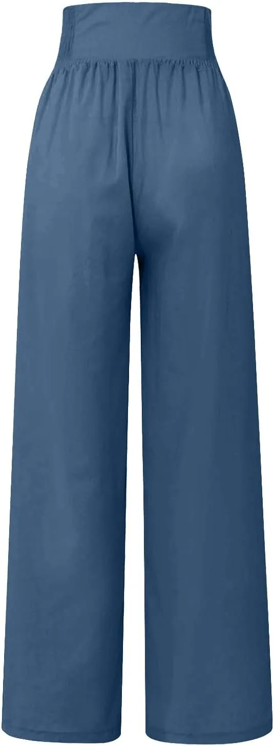 Linen Pants for Women Flowy Elastic High Waisted Wide Leg Pants Summer Lounge Pants Loose Palazzo Pants