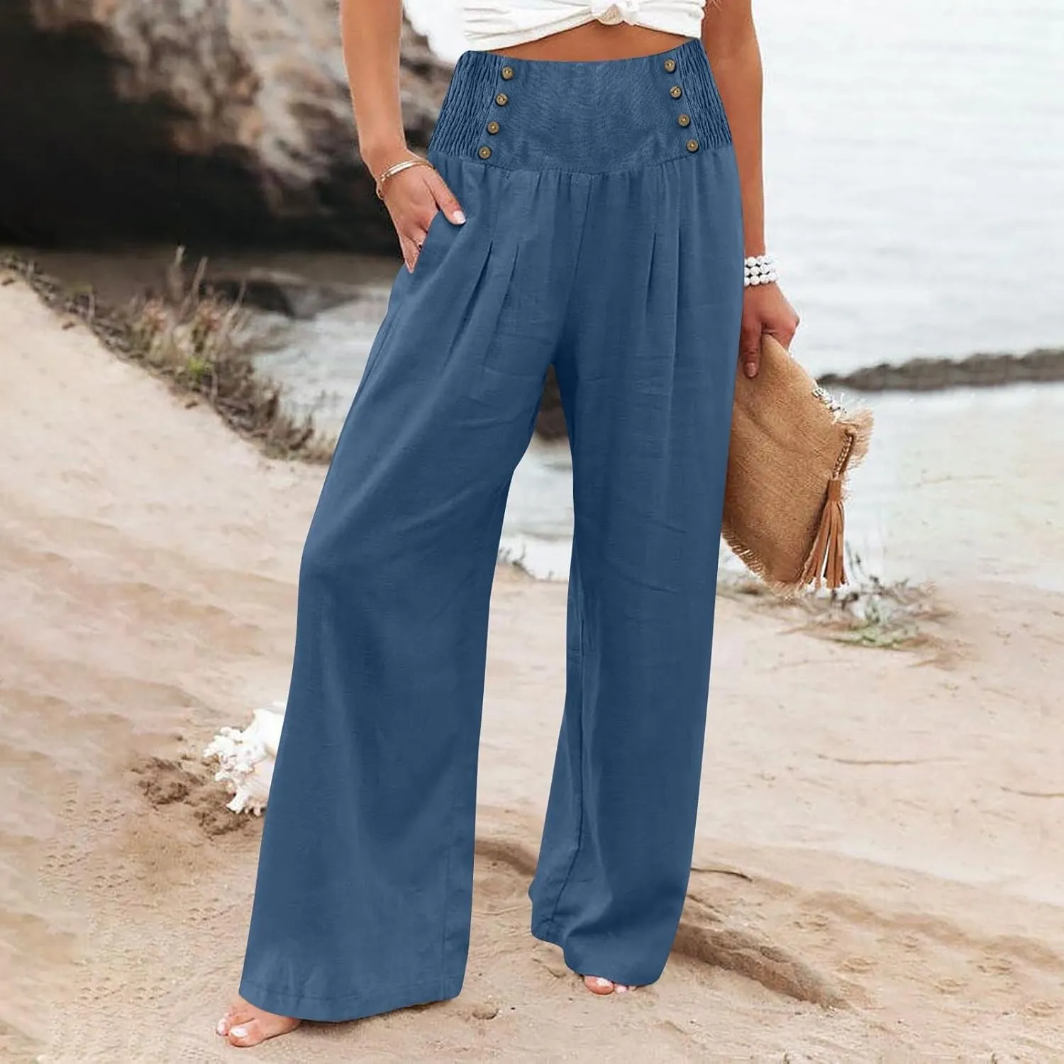 Linen Pants for Women Flowy Elastic High Waisted Wide Leg Pants Summer Lounge Pants Loose Palazzo Pants