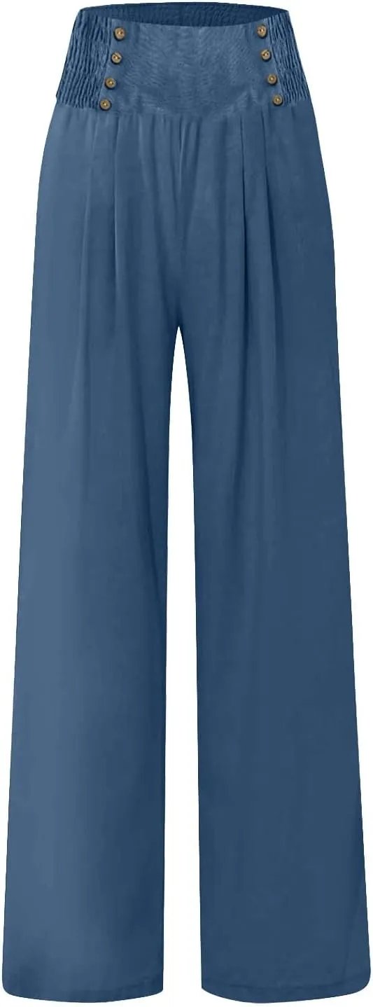 Linen Pants for Women Flowy Elastic High Waisted Wide Leg Pants Summer Lounge Pants Loose Palazzo Pants