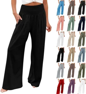 Linen Pants for Women Pleated High Waisted Wide Leg Pants Boho 2025 Summer Casual Pants Baggy Palazzo Pants