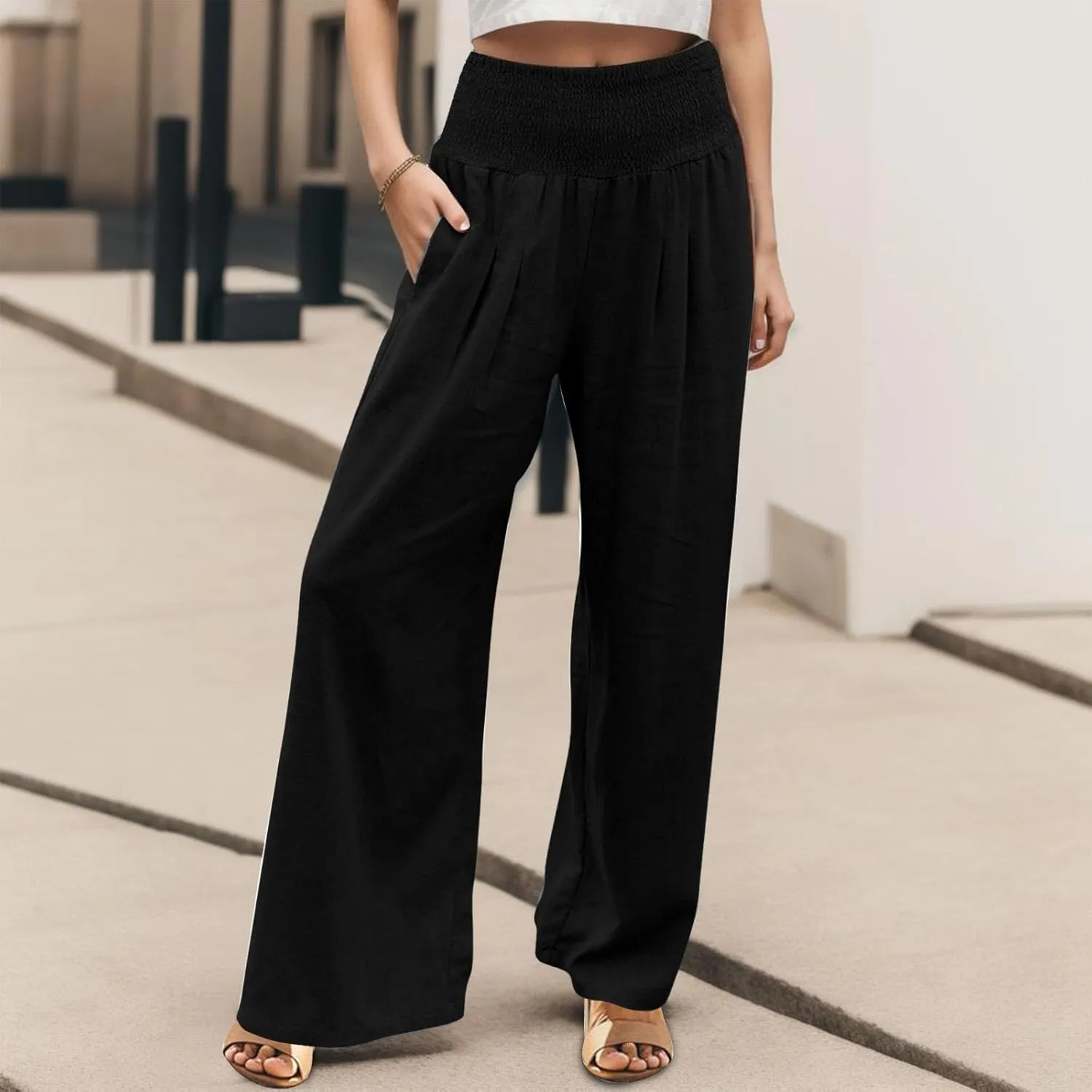 Linen Pants for Women Pleated High Waisted Wide Leg Pants Boho 2025 Summer Casual Pants Baggy Palazzo Pants