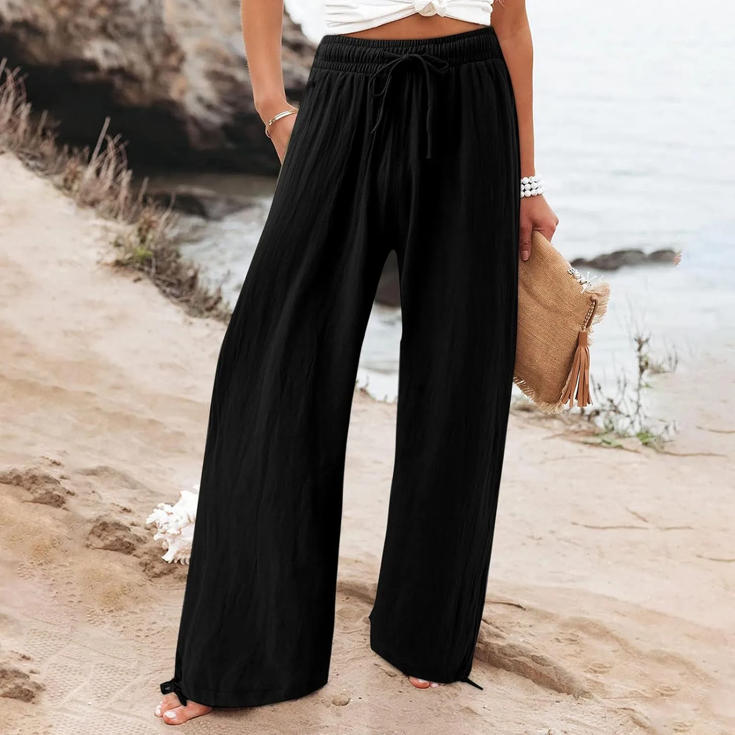 Linen Pants for Women Summer High Waisted Wide Leg Pants Casual Elastic Waist Palazzo Pants Boho Beach Pants