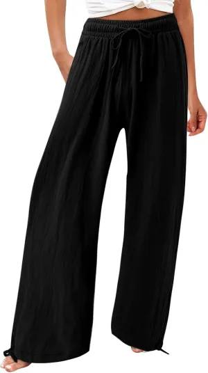 Linen Pants for Women Summer High Waisted Wide Leg Pants Casual Elastic Waist Palazzo Pants Boho Beach Pants