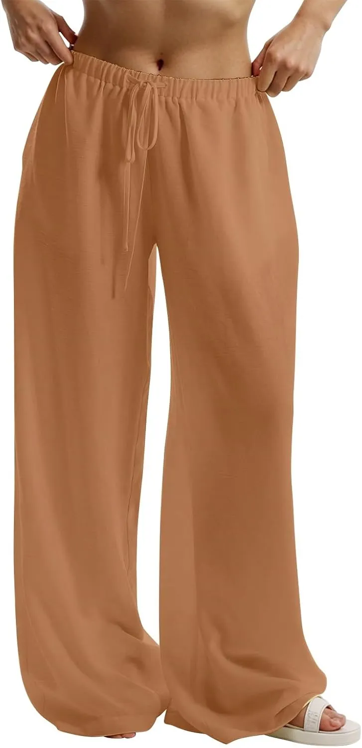 Linen Pants Women Summer Drawstring Waist Wide Leg Pants Loose Cotton Linen Palazzo Pants Casual Beach Long Pants