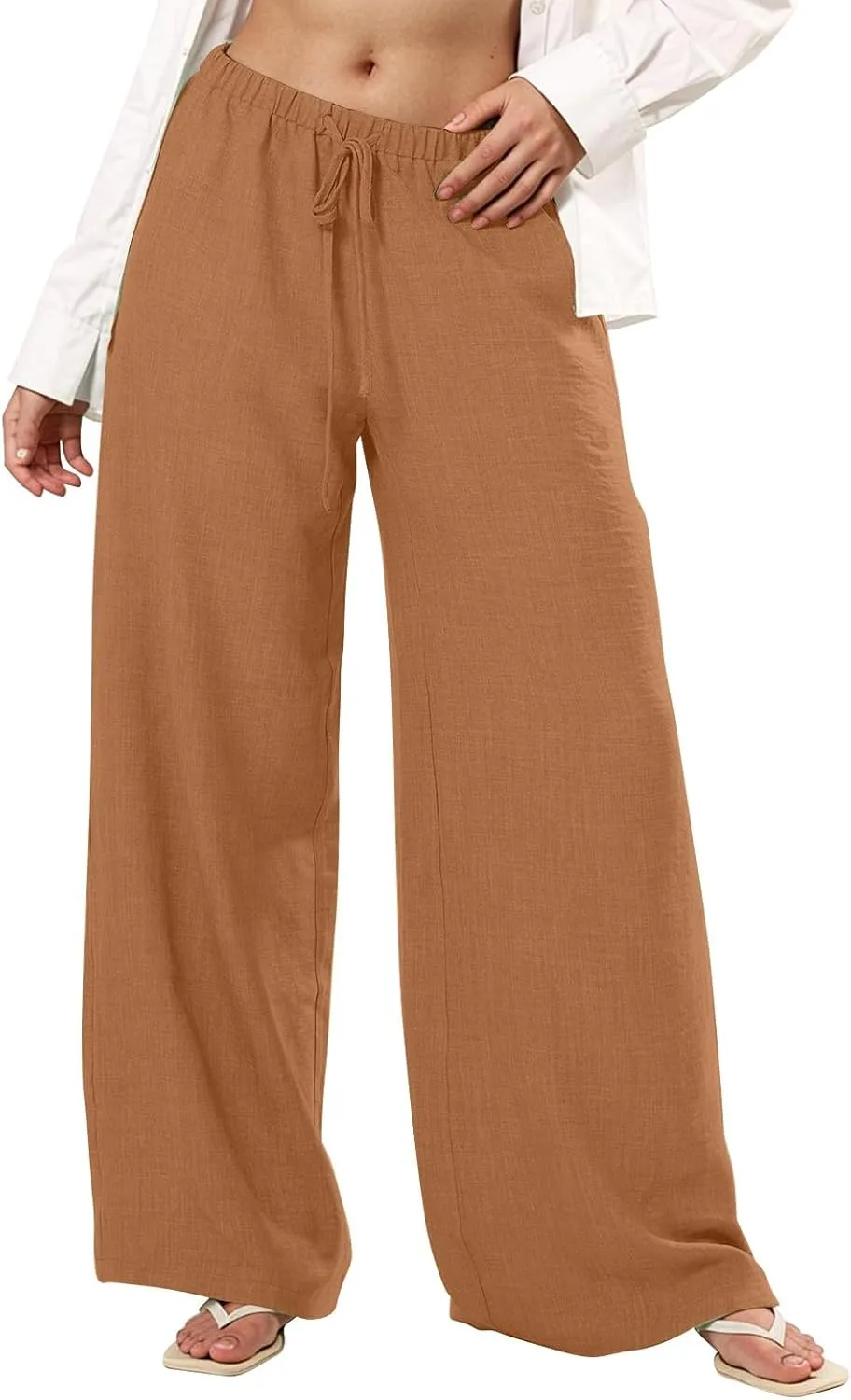 Linen Pants Women Summer Drawstring Waist Wide Leg Pants Loose Cotton Linen Palazzo Pants Casual Beach Long Pants