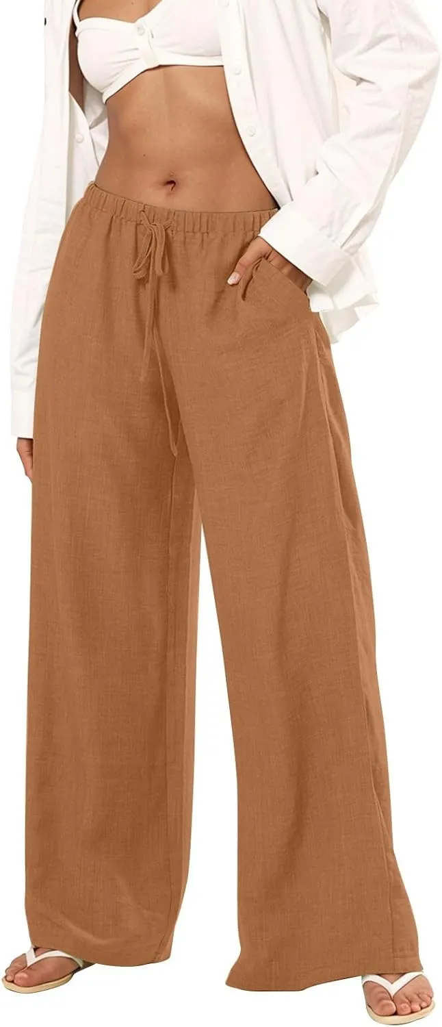 Linen Pants Women Summer Drawstring Waist Wide Leg Pants Loose Cotton Linen Palazzo Pants Casual Beach Long Pants